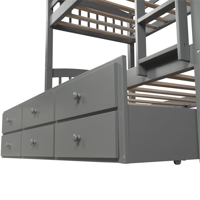 CRO Decor Twin Bunk Bed Trundle with 3 Drawers  with Ladder Safety Rail (Gray)