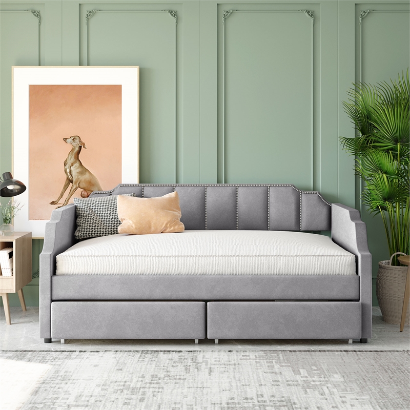 CRO Decor Twin Size Upholstered daybed with Drawers Wood Slat Support (Gray)