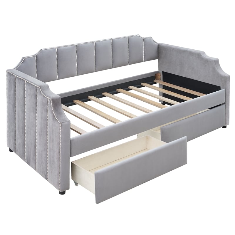 CRO Decor Twin Size Upholstered daybed with Drawers Wood Slat Support (Gray)