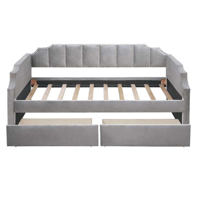 CRO Decor Twin Size Upholstered daybed with Drawers Wood Slat Support (Gray)