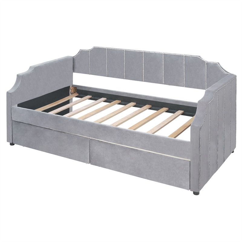 CRO Decor Twin Size Upholstered daybed with Drawers Wood Slat Support (Gray)
