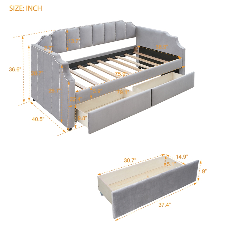 CRO Decor Twin Size Upholstered daybed with Drawers Wood Slat Support (Gray)