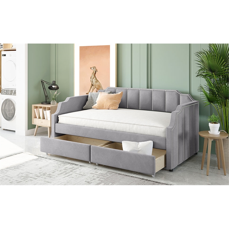 CRO Decor Twin Size Upholstered daybed with Drawers Wood Slat Support (Gray)