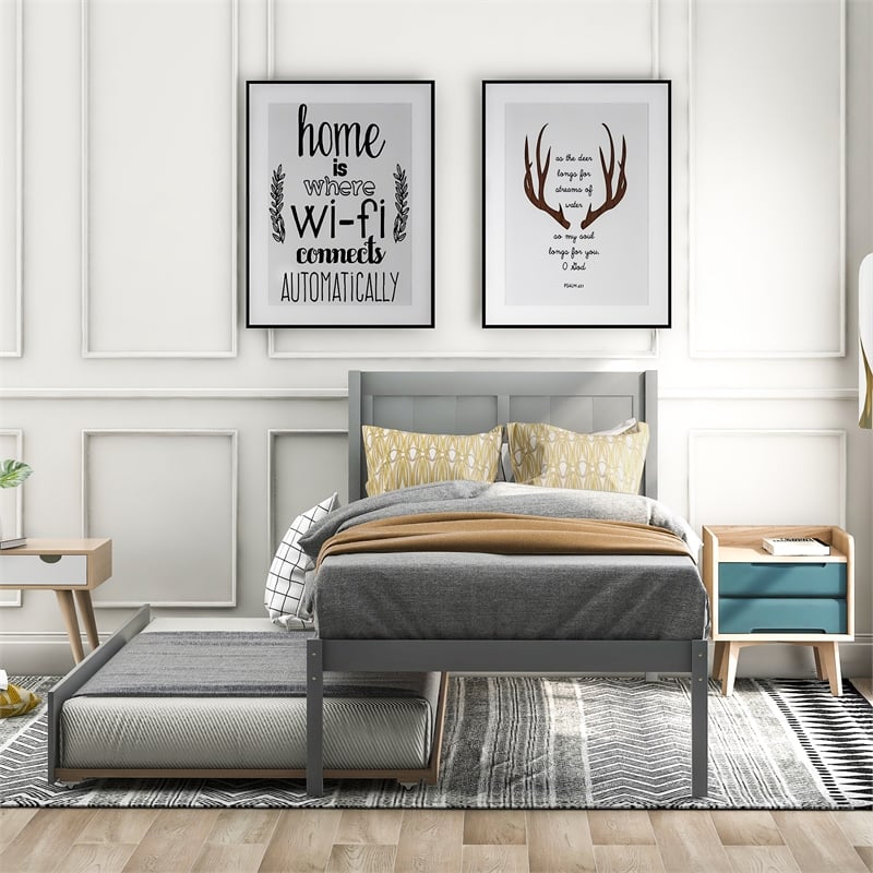 CRO Decor Twin Size Platform Bed Wood Platform Bed with Trundle (Gray)