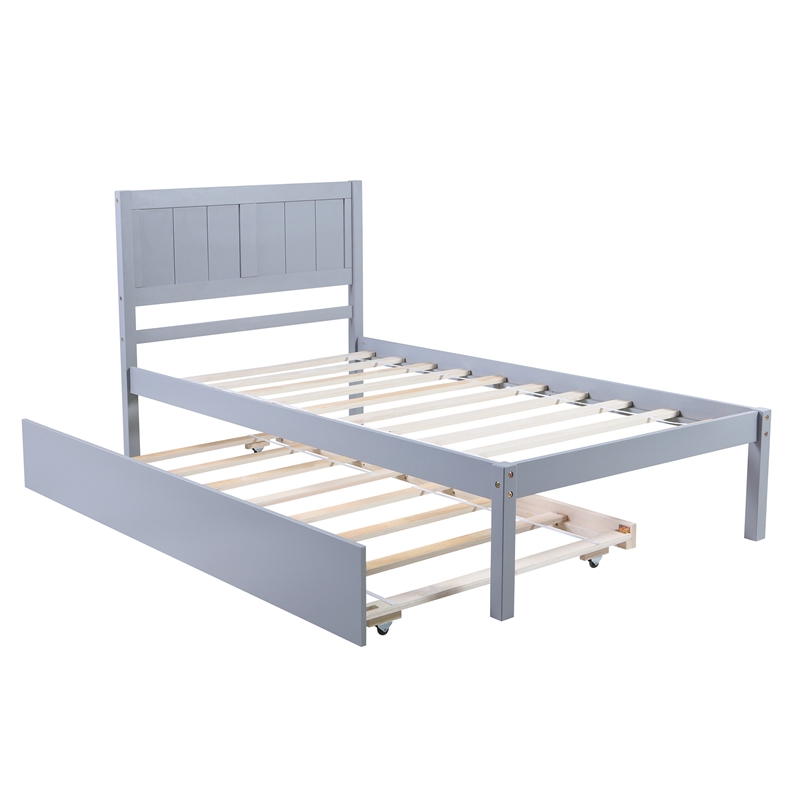 CRO Decor Twin Size Platform Bed Wood Platform Bed with Trundle (Gray)
