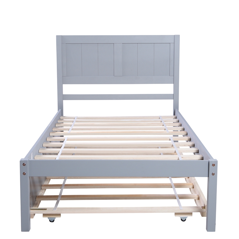 CRO Decor Twin Size Platform Bed Wood Platform Bed with Trundle (Gray)