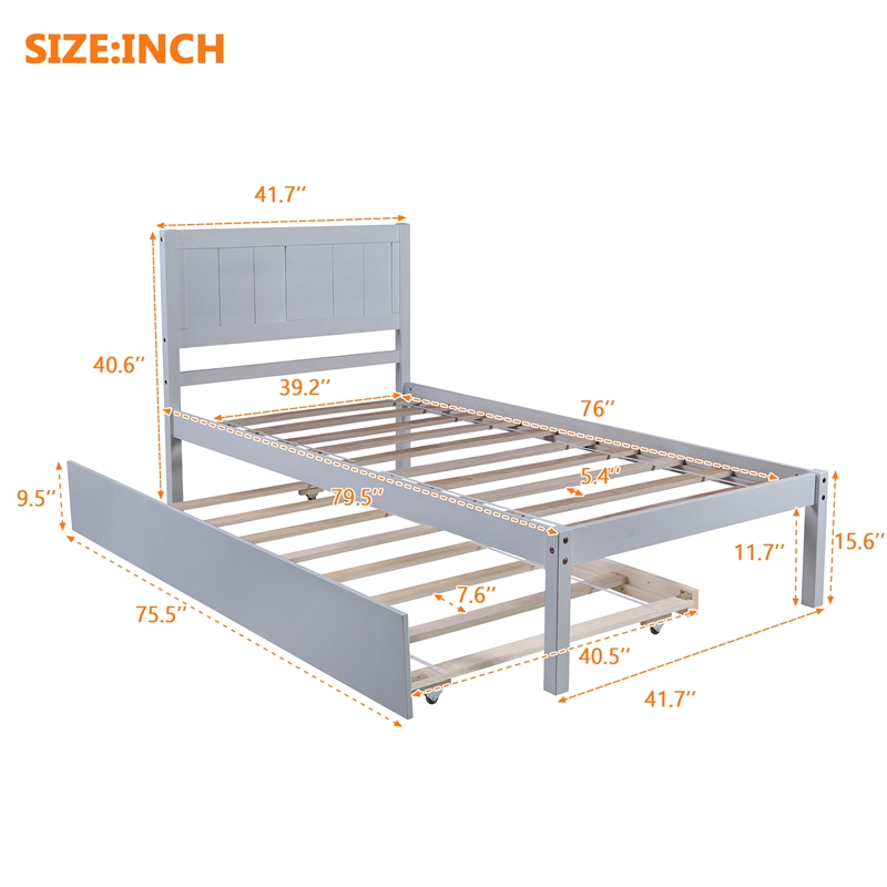 CRO Decor Twin Size Platform Bed Wood Platform Bed with Trundle (Gray)
