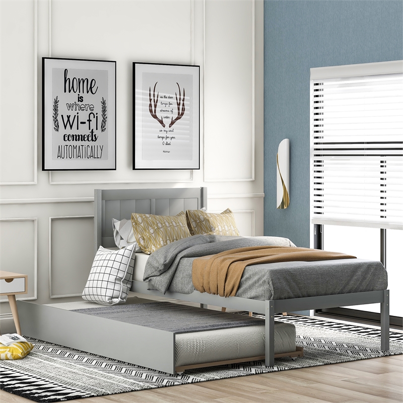 CRO Decor Twin Size Platform Bed Wood Platform Bed with Trundle (Gray)