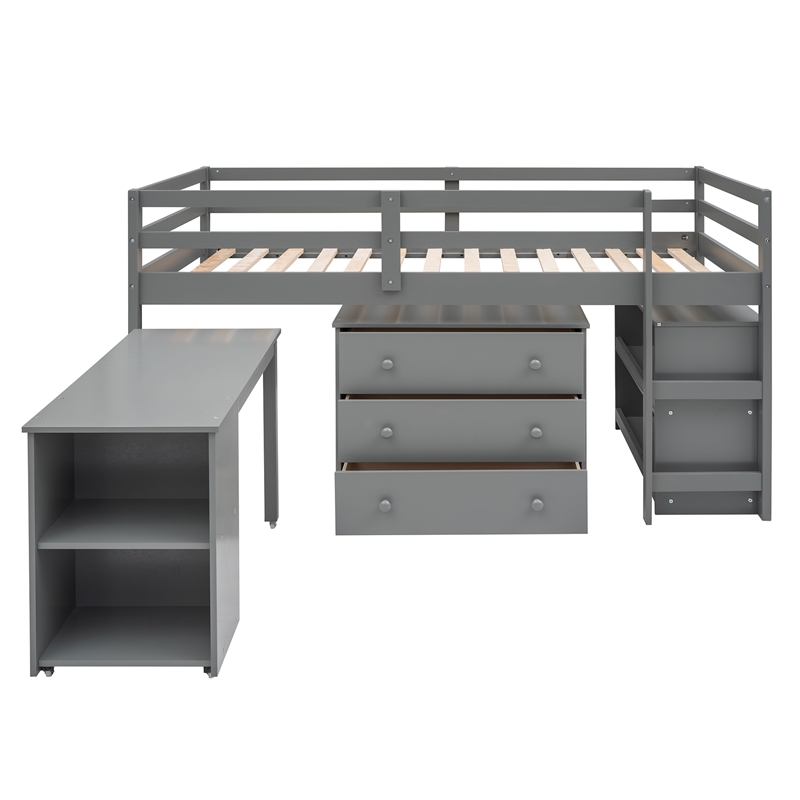 CRO Decor Low Study Twin Loft Bed with Cabinet and Rolling Portable Desk(Gray)