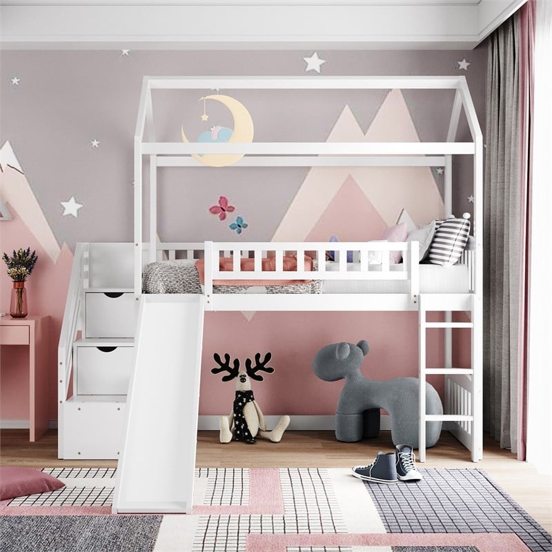 CRO Decor Twin Loft Bed with Two Drawers and Slide House Bed with Slide (White)