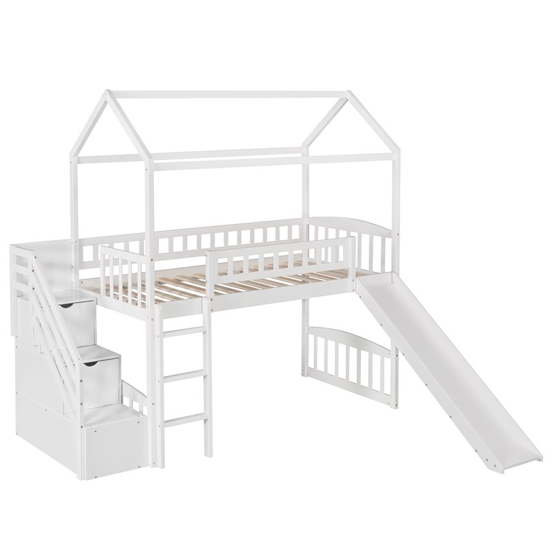 CRO Decor Twin Loft Bed with Two Drawers and Slide House Bed with Slide (White)
