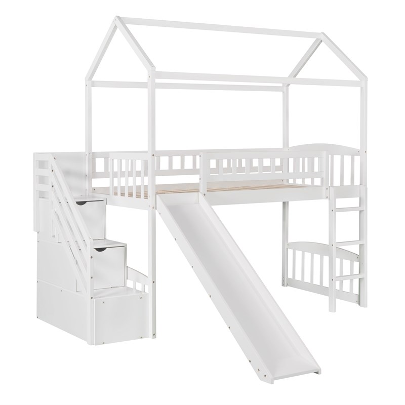 CRO Decor Twin Loft Bed with Two Drawers and Slide House Bed with Slide (White)