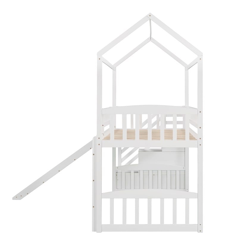 CRO Decor Twin Loft Bed with Two Drawers and Slide House Bed with Slide (White)