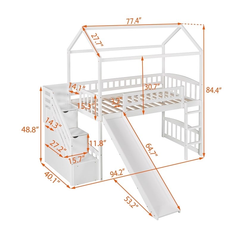 CRO Decor Twin Loft Bed with Two Drawers and Slide House Bed with Slide (White)