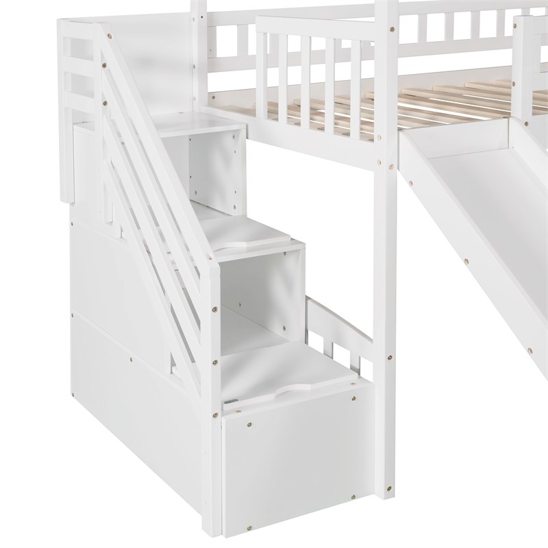 CRO Decor Twin Loft Bed with Two Drawers and Slide House Bed with Slide (White)