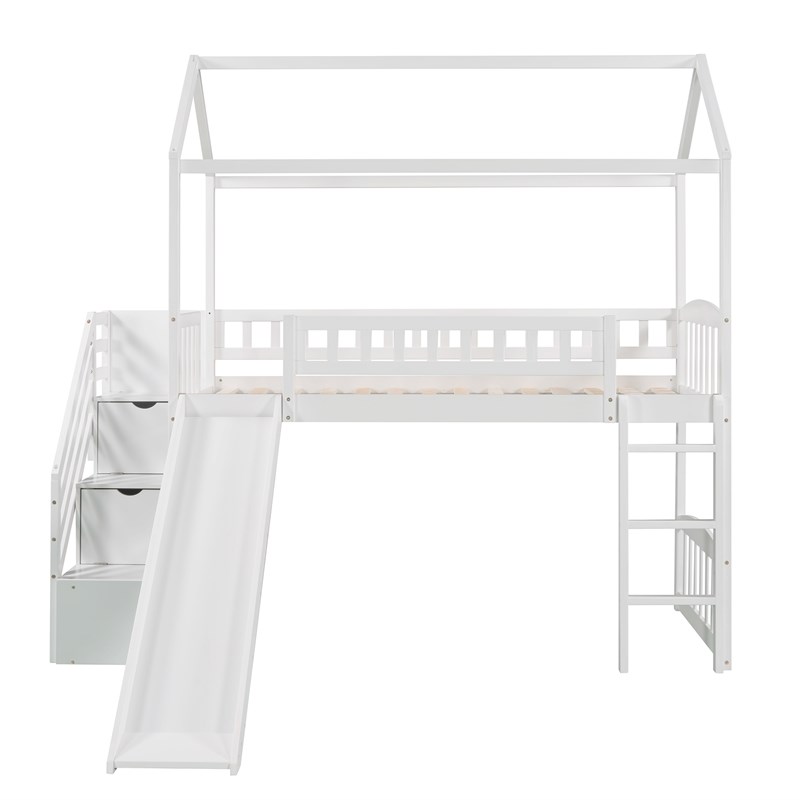 CRO Decor Twin Loft Bed with Two Drawers and Slide House Bed with Slide (White)