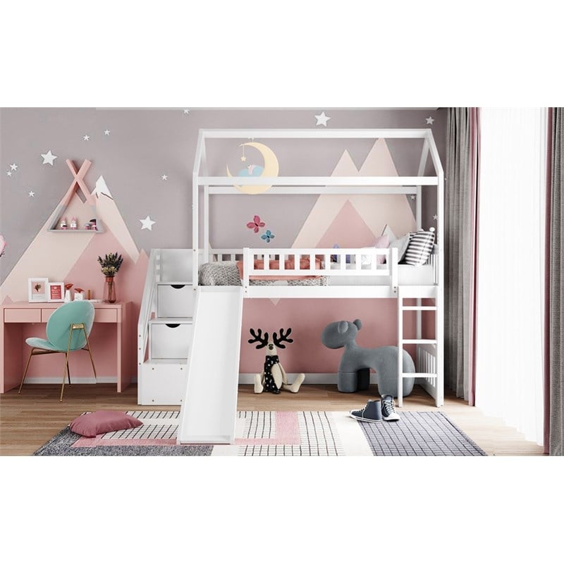 CRO Decor Twin Loft Bed with Two Drawers and Slide House Bed with Slide (White)