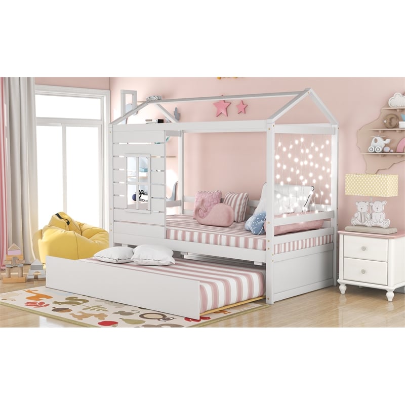 CRO Decor Twin Size House Bed Wood Bed with Twin Size Trundle ( White )