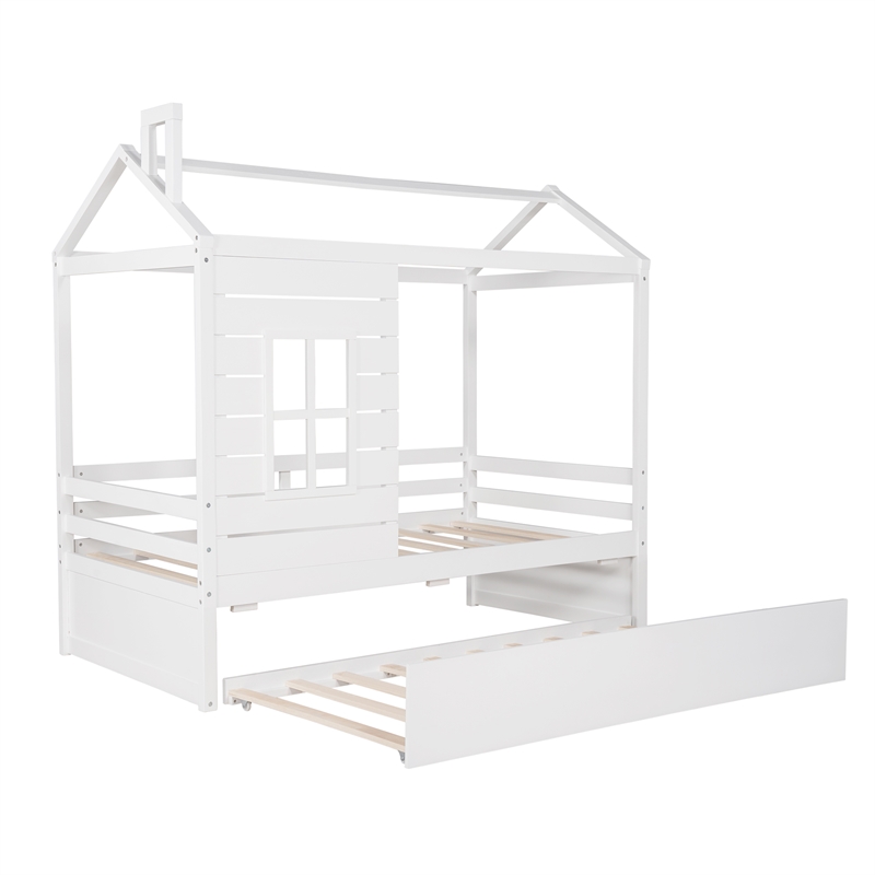CRO Decor Twin Size House Bed Wood Bed with Twin Size Trundle ( White )