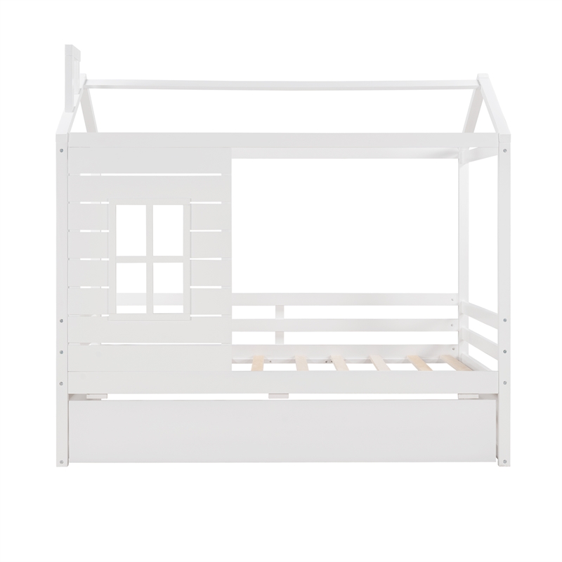 CRO Decor Twin Size House Bed Wood Bed with Twin Size Trundle ( White )