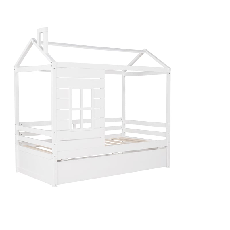 CRO Decor Twin Size House Bed Wood Bed with Twin Size Trundle ( White )