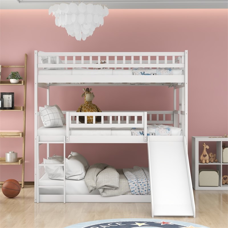 CRO Decor Full-Over-Full Triple Bed with Built-in Ladder and Slide (White)