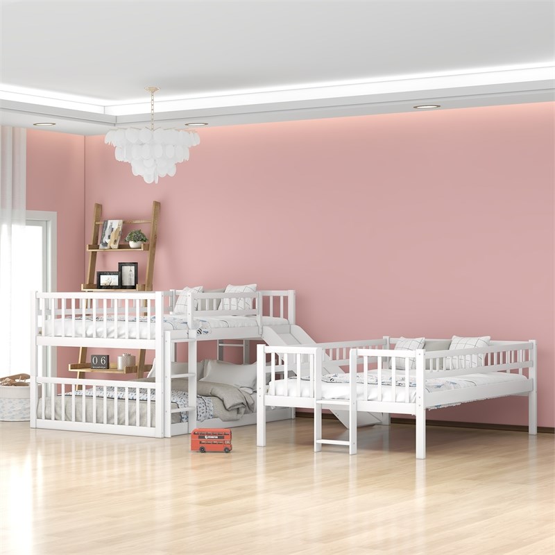 CRO Decor Full-Over-Full Triple Bed with Built-in Ladder and Slide (White)