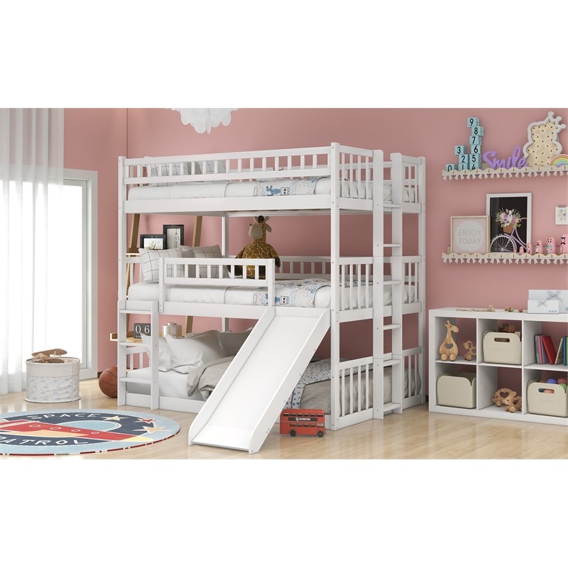 CRO Decor Full-Over-Full Triple Bed with Built-in Ladder and Slide (White)