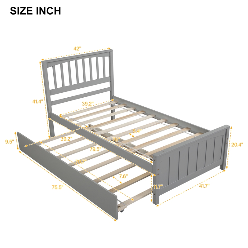 CRO Decor Wood Twin size Platform Bed with Trundle (Gray)