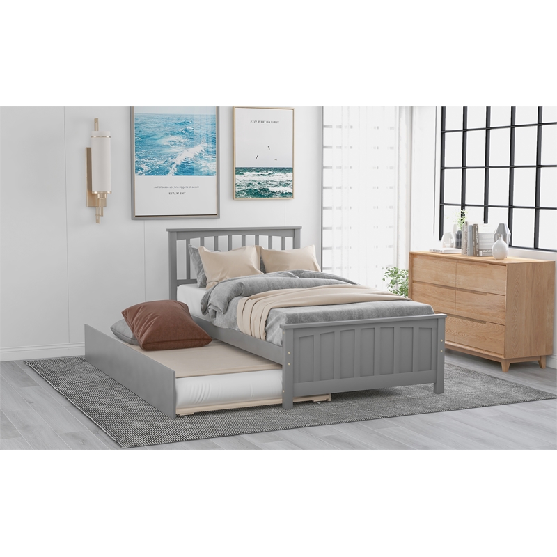 CRO Decor Wood Twin size Platform Bed with Trundle (Gray)