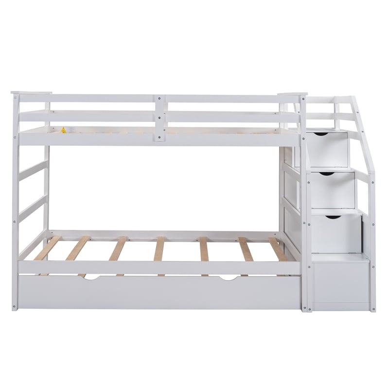 CRO Decor Twin-Over-Twin Bunk Bed with Twin Trundle and 3 Storage Stairs(White)