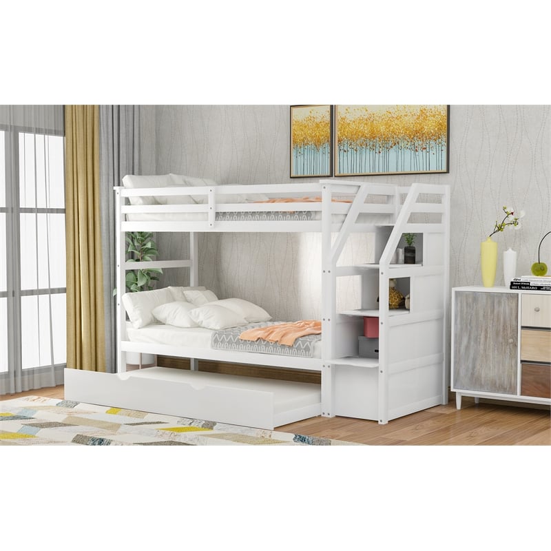 CRO Decor Twin-Over-Twin Bunk Bed with Twin Trundle and 3 Storage Stairs(White)