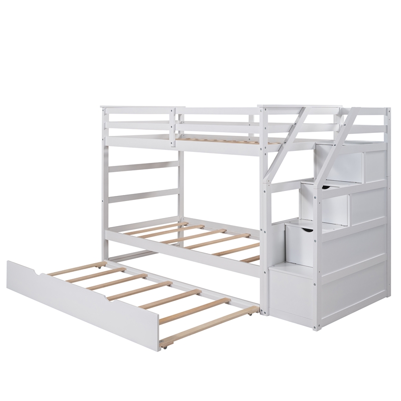 CRO Decor Twin-Over-Twin Bunk Bed with Twin Trundle and 3 Storage Stairs(White)