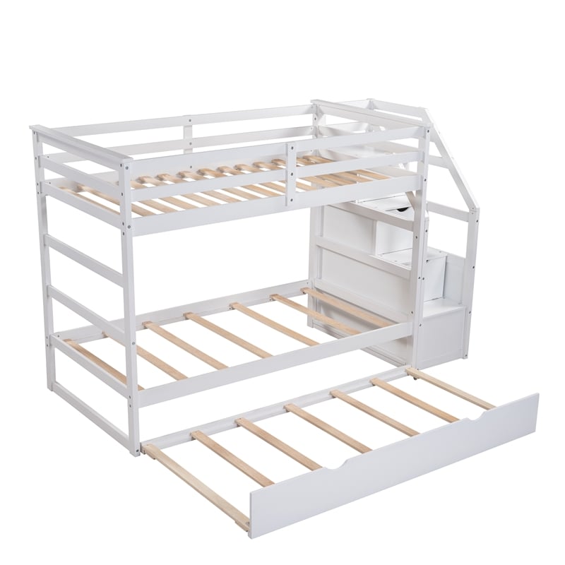 CRO Decor Twin-Over-Twin Bunk Bed with Twin Trundle and 3 Storage Stairs(White)