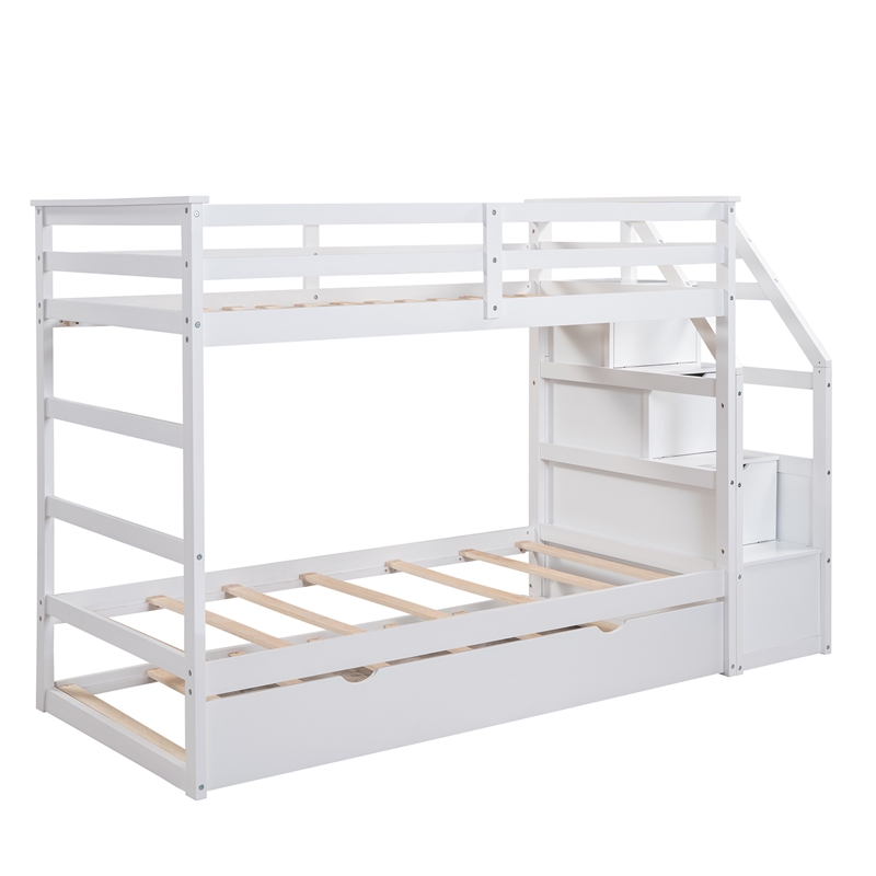 CRO Decor Twin-Over-Twin Bunk Bed with Twin Trundle and 3 Storage Stairs(White)