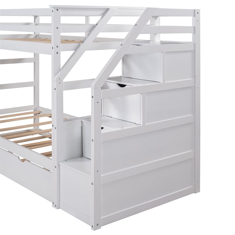 CRO Decor Twin-Over-Twin Bunk Bed with Twin Trundle and 3 Storage Stairs(White)