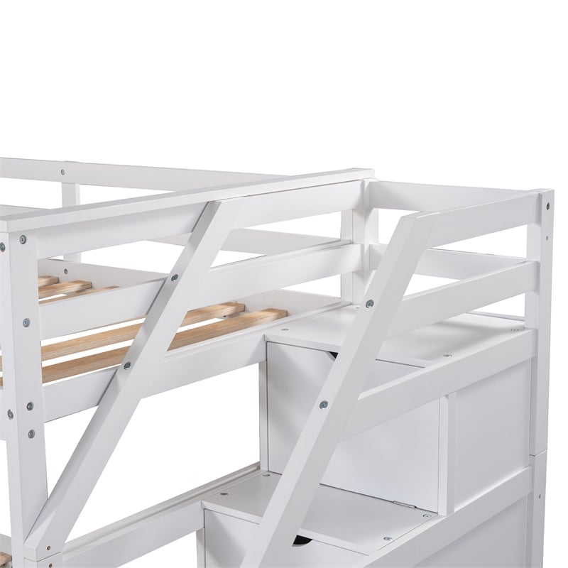 CRO Decor Twin-Over-Twin Bunk Bed with Twin Trundle and 3 Storage Stairs(White)