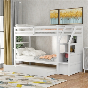 CRO Decor Twin-Over-Twin Bunk Bed with Twin Trundle and 3 Storage Stairs(White)