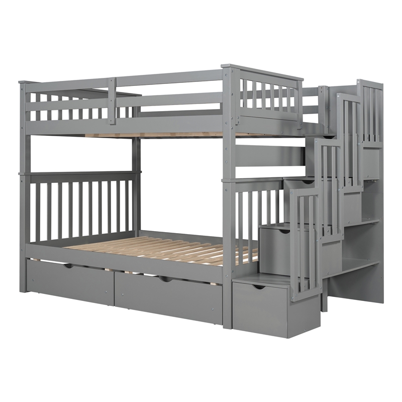 CRO Decor Full Over Full Bunk Bed with Shelves and 6 Storage Drawers (Gray)