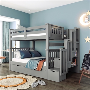 cro decor full over full bunk bed with shelves and 6 storage drawers (gray)