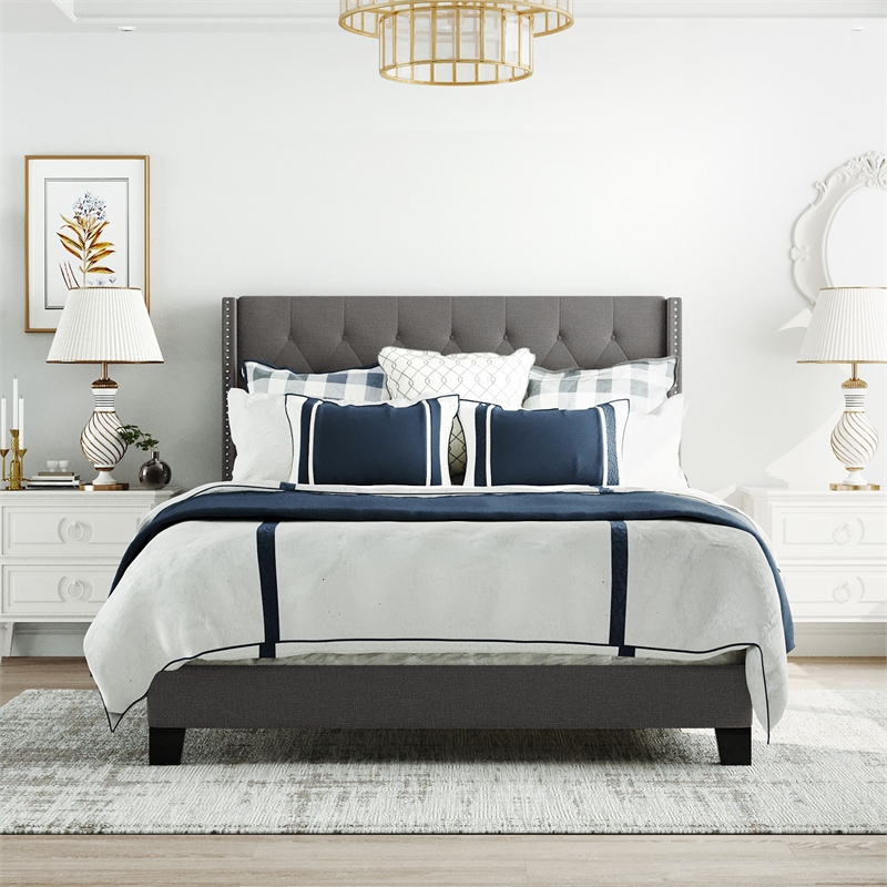 CRO Decor Upholstered Platform Bed with Headboard Gray Linen Fabric Queen Size