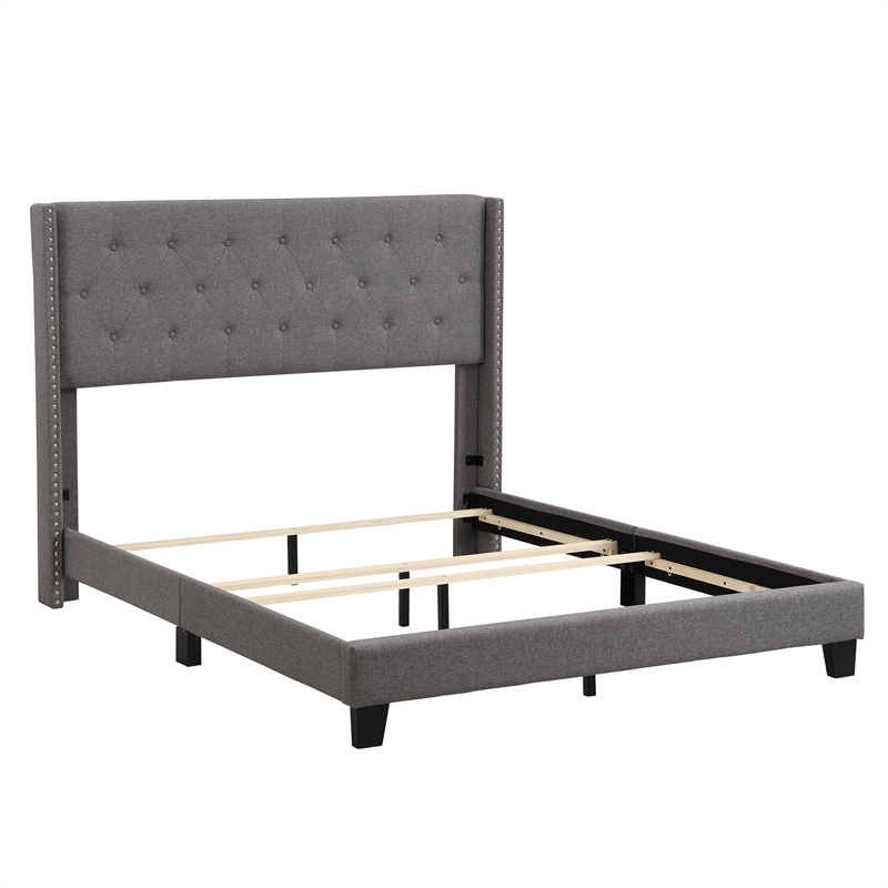 CRO Decor Upholstered Platform Bed with Headboard Gray Linen Fabric Queen Size