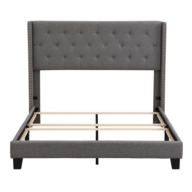 CRO Decor Upholstered Platform Bed with Headboard Gray Linen Fabric Queen Size