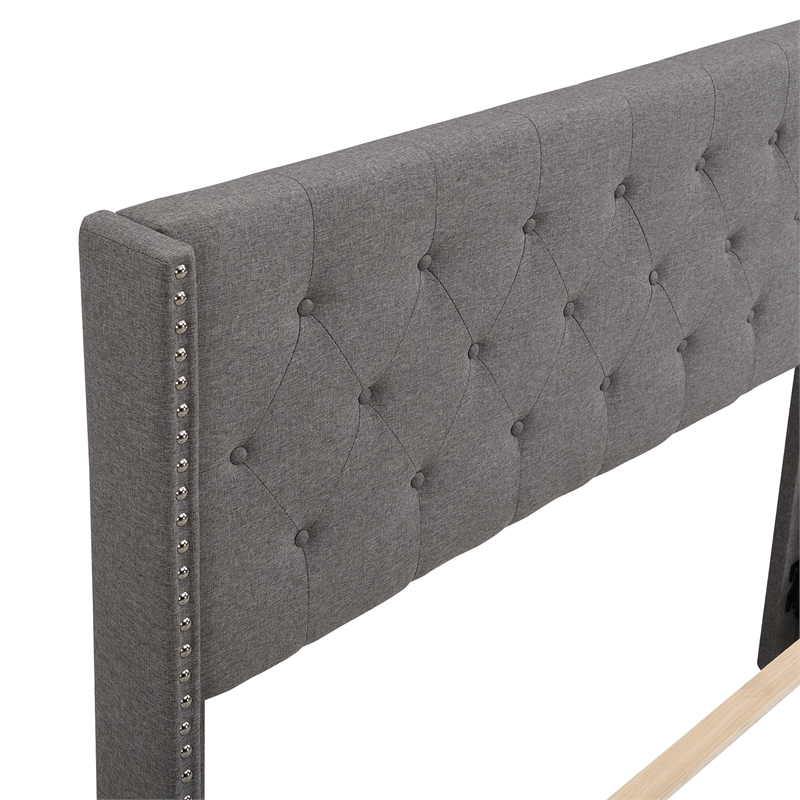 CRO Decor Upholstered Platform Bed with Headboard Gray Linen Fabric Queen Size