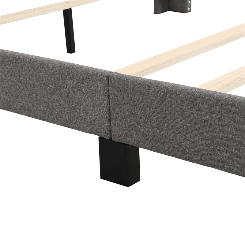 CRO Decor Upholstered Platform Bed with Headboard Gray Linen Fabric Queen Size