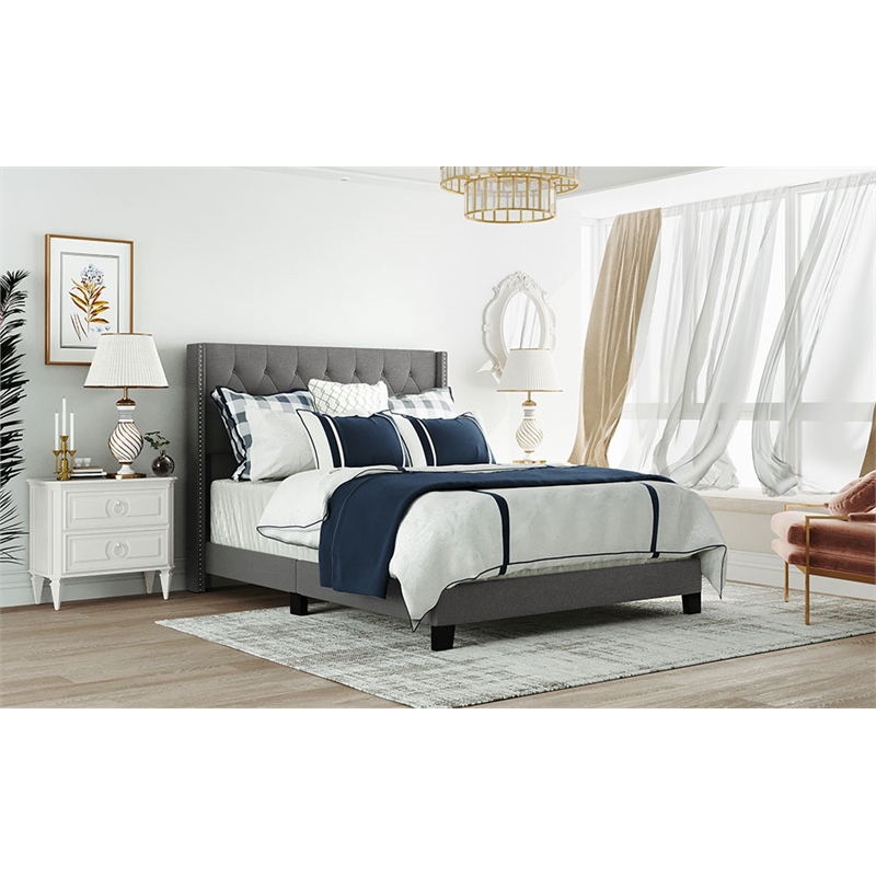 CRO Decor Upholstered Platform Bed with Headboard Gray Linen Fabric Queen Size
