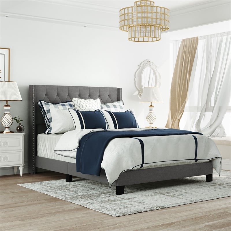 CRO Decor Upholstered Platform Bed with Headboard Gray Linen Fabric Queen Size