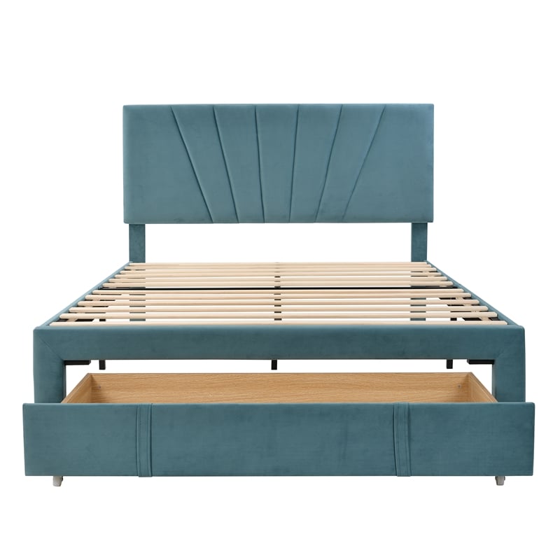 CRO Decor Queen Size Storage Bed Velvet Upholstered Platform Bed with a Drawer