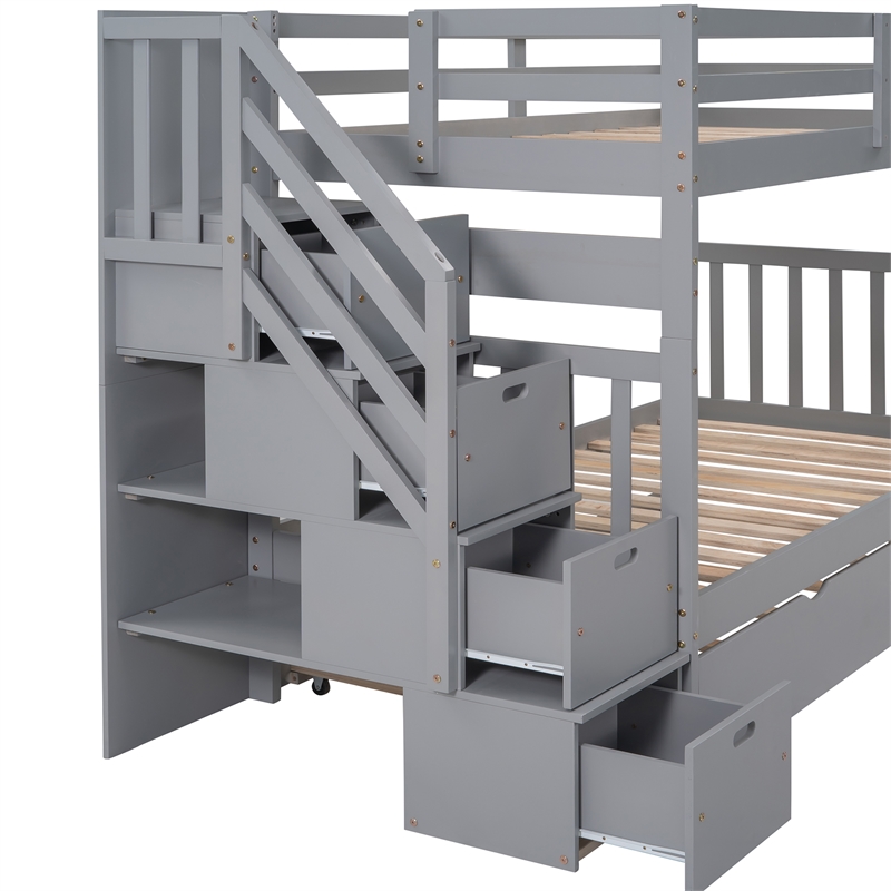 CRO Decor Twin over Twin/Full Bunk Bed with Twin Size Trundle (Gray)