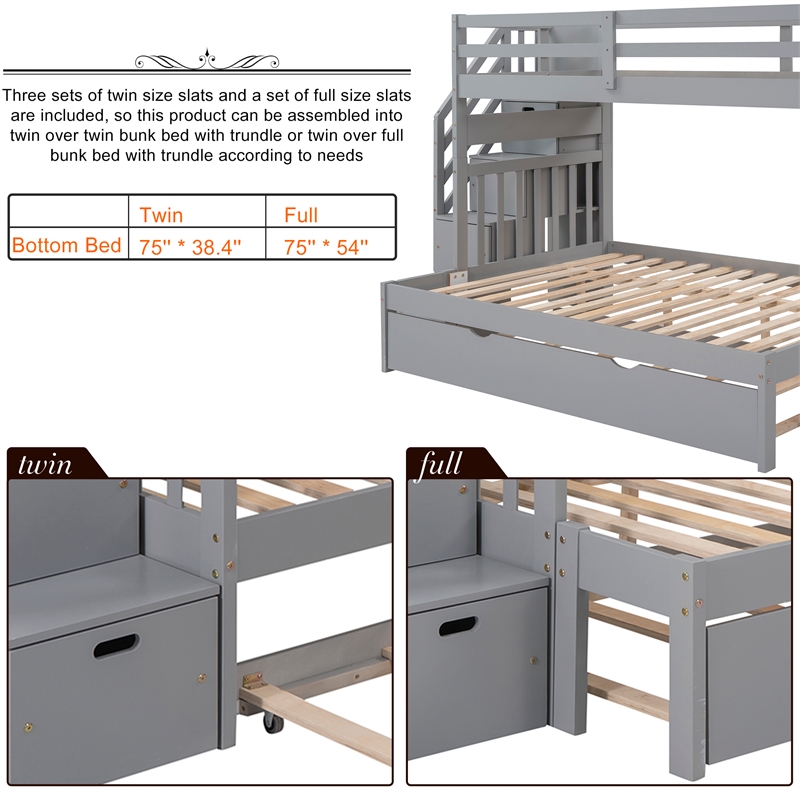 CRO Decor Twin over Twin/Full Bunk Bed with Twin Size Trundle (Gray)
